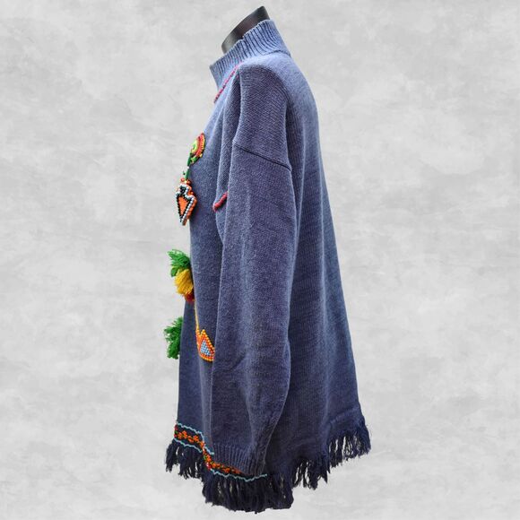 Victoria Jones Blue Beaded Arrow Fringed Pullover Sweater-Women's Size L - Picture 5 of 7